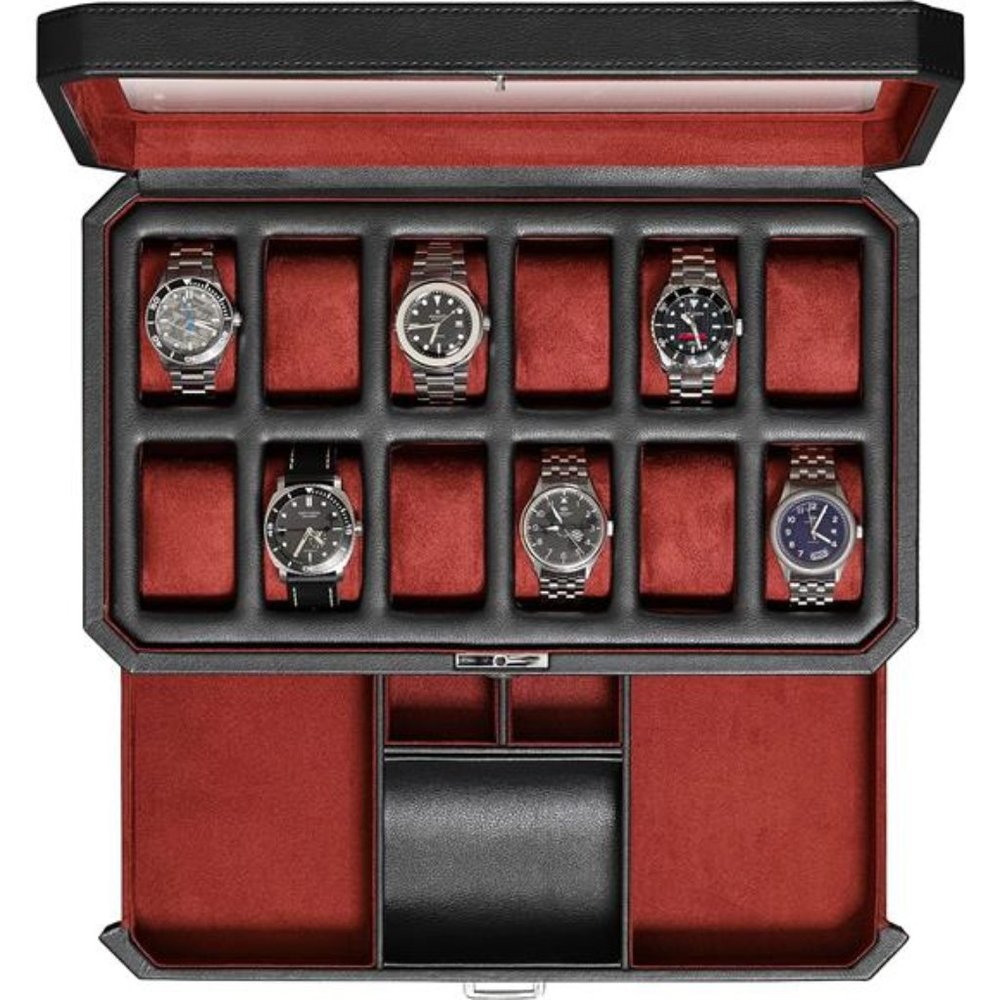 12 Slot Leather Watch Box with Valet Drawer - Microsuede Liner,  (Black/Red)